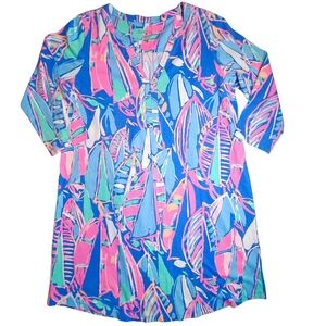 Lilly Pulitzer Ali Dress Out to Sea Nautical Boat T-Shirt Dress Size L Sailboat